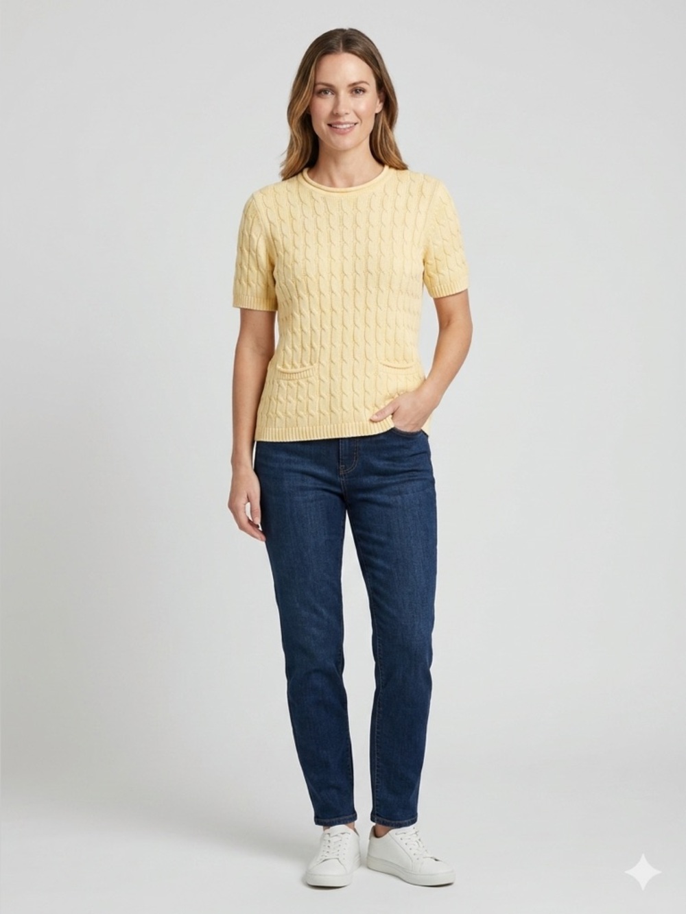 Jones New York Sport Cable Knit Short Sleeve Sweater - Pale Yellow 100%cotton